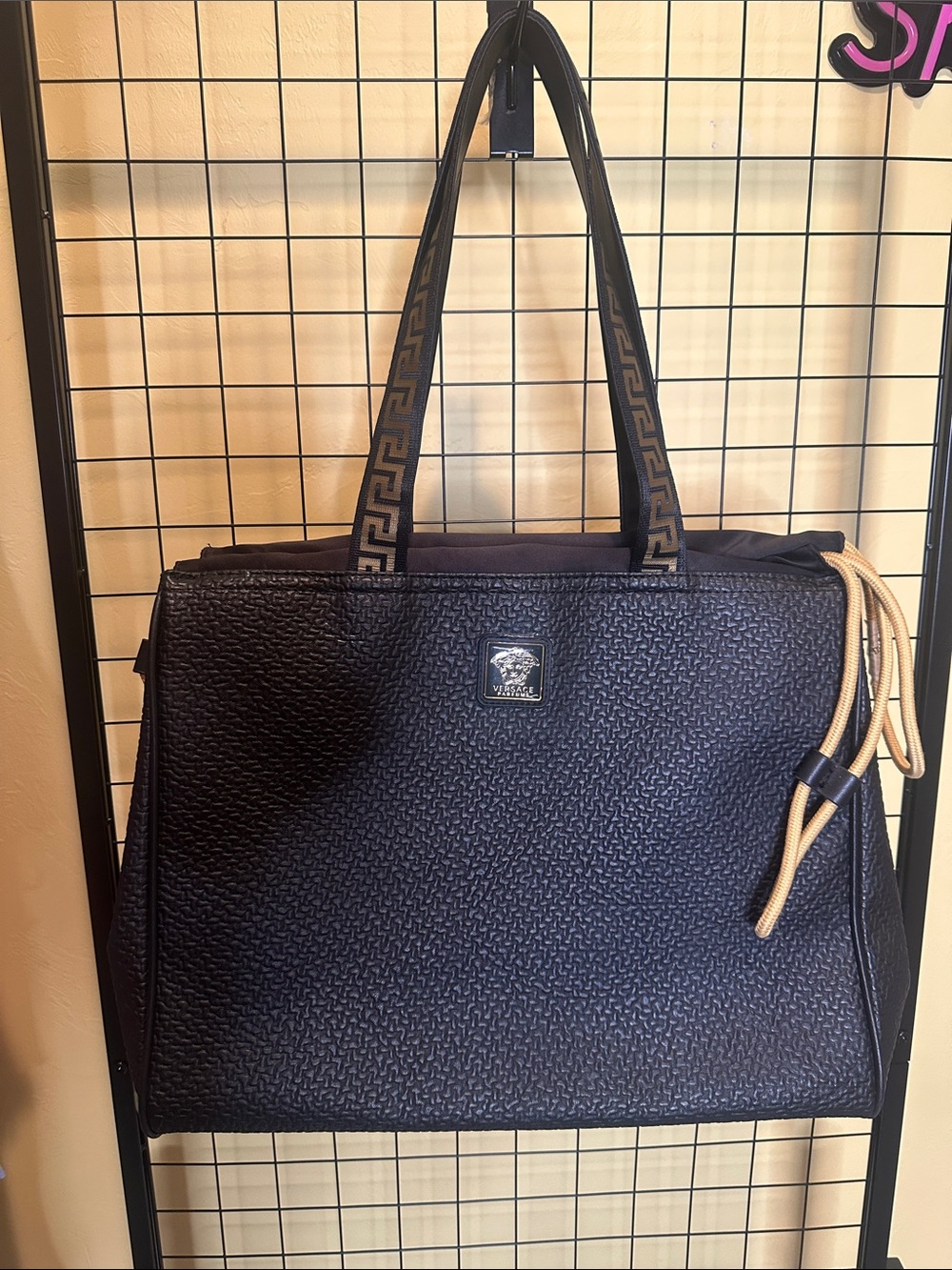 Versace Black Tote with Tan Drawstring Accent